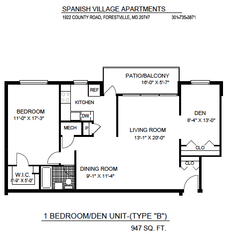 1 Bedroom + Den – 1 Bath floor plan diagram