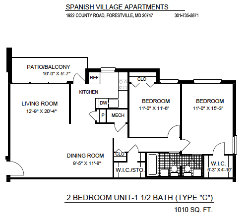 2 Bedroom – 1.5 Baths floor plan diagram