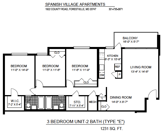 3 Bedroom – 2 Baths (Type E) floor plan diagram