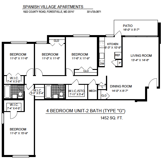 4 Bedroom – 2 Baths floor plan diagram